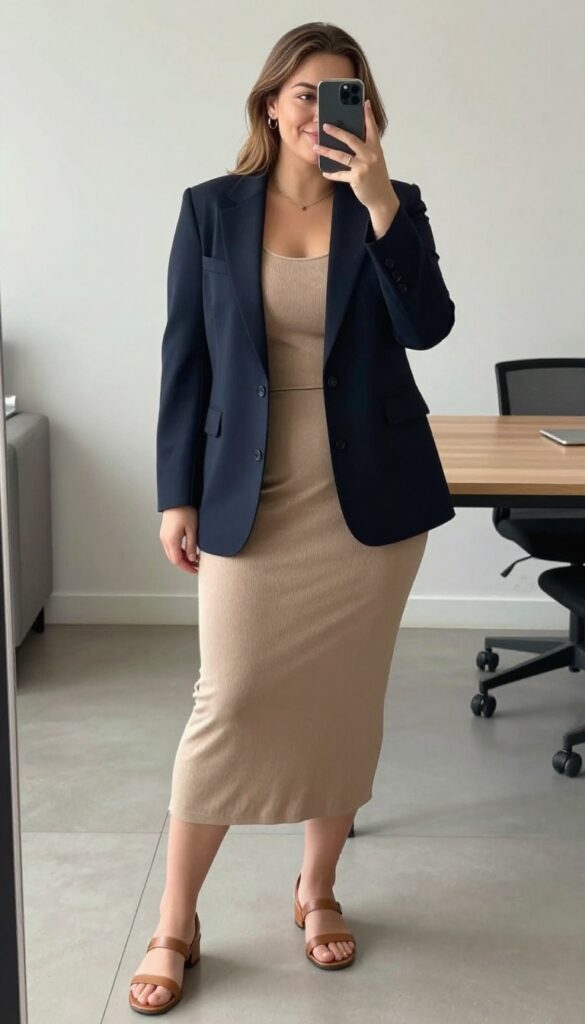 Plus size woman in a maxi dress with a structured blazer, flat sandals, and minimal jewelry, posing in a business casual setting.