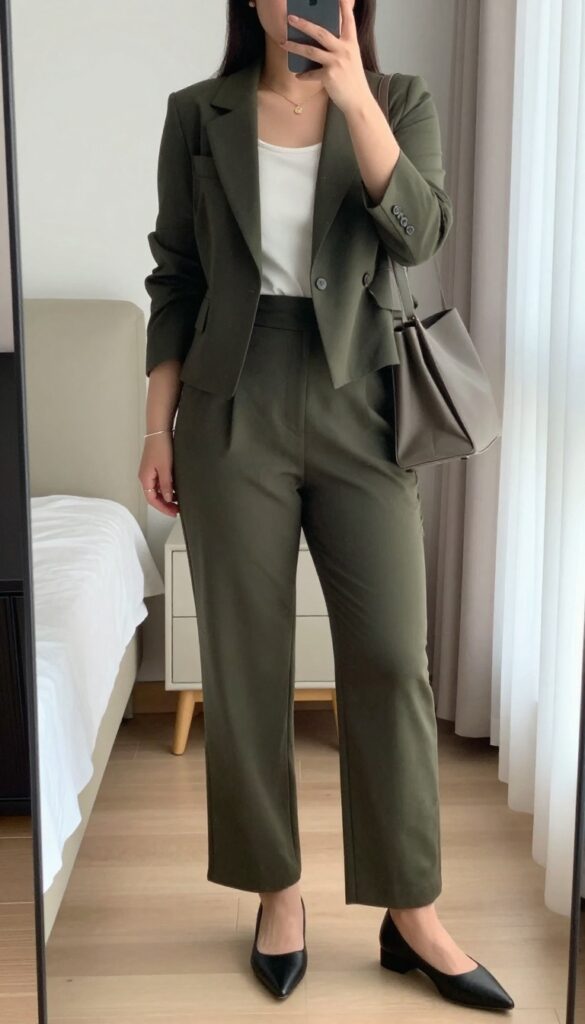 Woman in tailored jumpsuit and cropped blazer, holding structured tote, wearing minimal jewelry, in a professional setting.