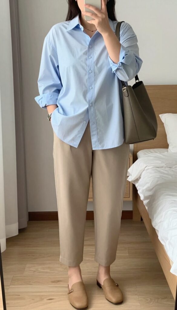 Woman in oversized button-down shirt, cropped trousers, and mules, standing in a hotel room or café.