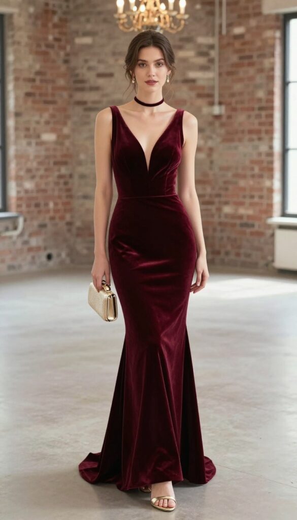 Woman in deep burgundy velvet mermaid dress with deep V-neckline, standing in ballroom with chandelier and exposed brick, holding metallic clutch, wearing strappy gold heels.