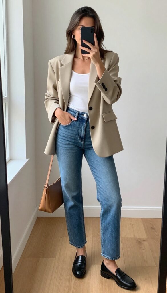 Woman in oversized beige blazer, white tank top, high-waisted straight-leg jeans, and loafers, taking a mirror selfie in a bright room.