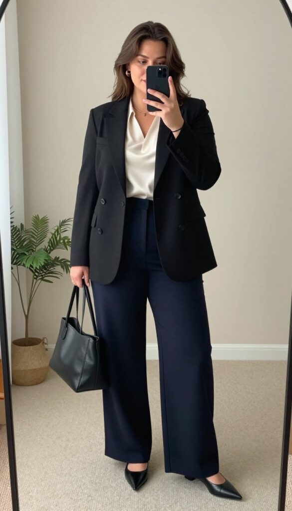 Plus-size woman in tailored black blazer and navy high-waisted trousers taking a mirror selfie in a bright office hallway.
