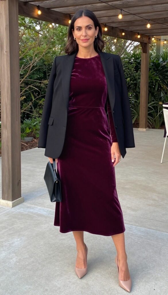 Woman in velvet midi dress and blazer at outdoor evening wedding