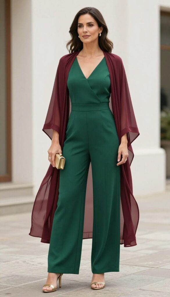 Woman in emerald green jumpsuit and burgundy cape at evening wedding reception