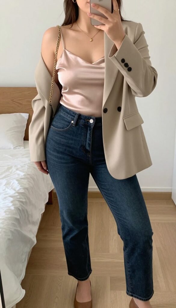 Woman in blush silk camisole, cropped blazer, dark straight leg jeans, pointed flats, and chain bag, taking a mirror selfie in bedroom.