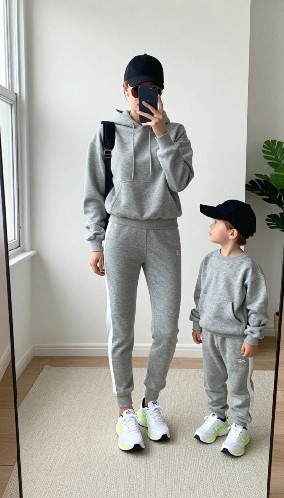 Mom and son in matching heather grey athleisure sets with white and neon green sneakers, mom taking a mirror selfie in a bright living room.