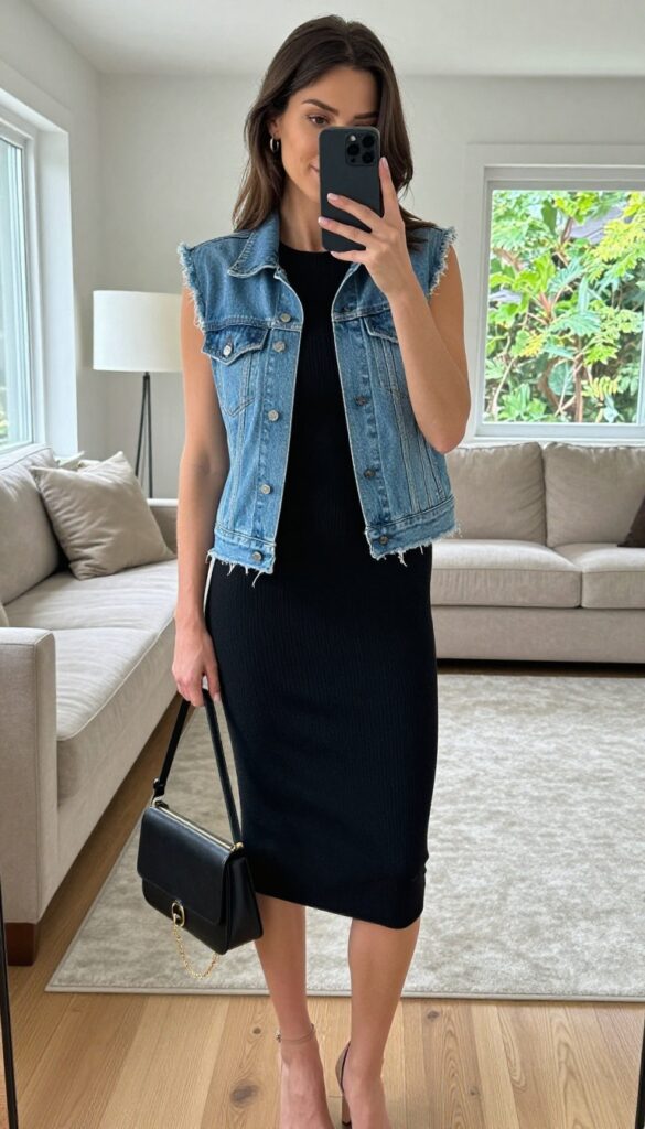 Woman in black bodycon dress and light wash denim vest, posing in mirror selfie, wearing nude heeled sandals and gold jewelry.