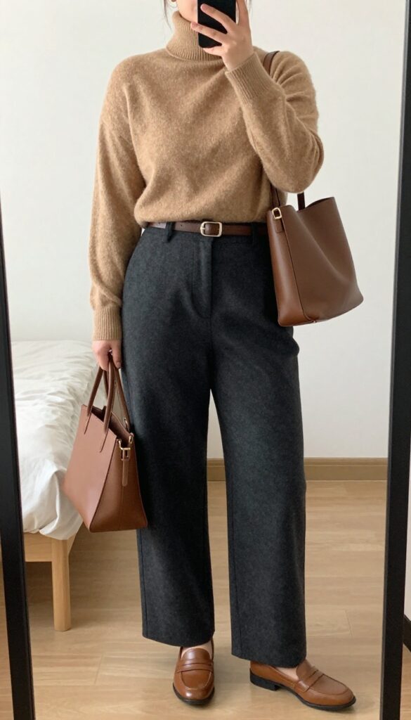 Woman in camel cashmere turtleneck and wide-leg wool trousers, leather loafers and tote, standing in a bright office or cafe.