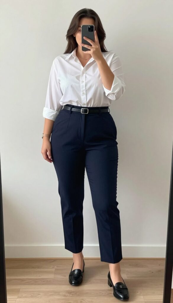 A woman in a white button-down shirt and cropped trousers poses in front of a mirror, holding a phone, with loafers and a leather belt visible.