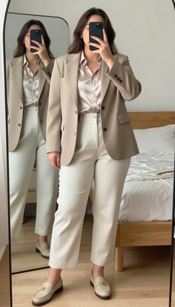 Woman in loafers, cropped trousers, and oversized blazer, standing in a bright office setting, looking polished and relaxed.