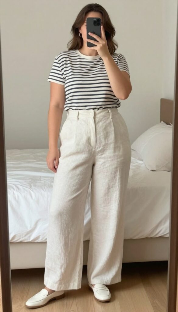 Woman in white loafers, wide-leg linen pants, and striped tee, holding a straw tote, standing in a bright room.