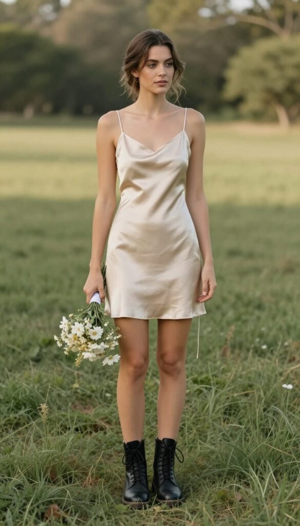A young adult woman with natural makeup and loose wavy hair, wearing a champagne satin slip dress and black lace-up combat boots, standing in a grassy field with a small bouquet of wildflowers, full-body candid shot in warm afternoon sunlight.