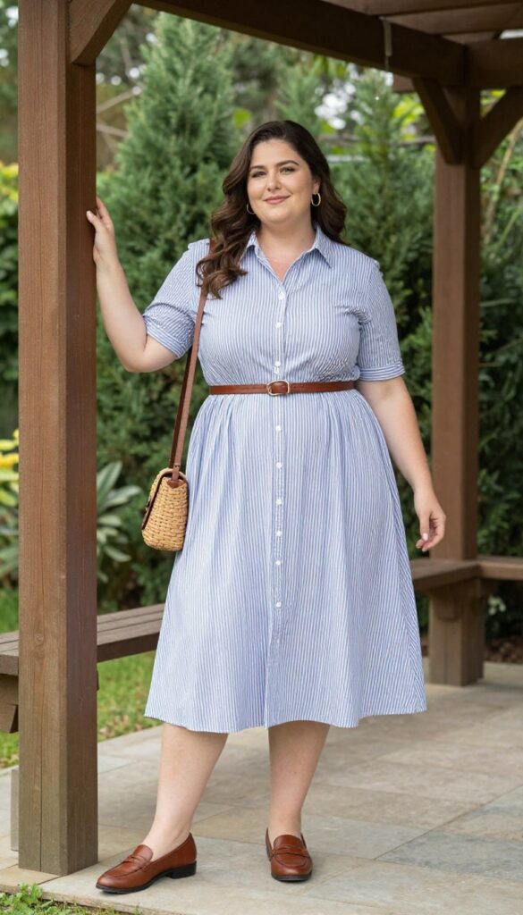 Plus-size woman in navy and white striped shirt dress with brown leather belt and loafers, holding woven crossbody bag in garden