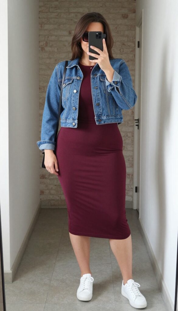 Plus-size woman in a bodycon dress and denim jacket taking a mirror selfie, wearing white sneakers and a crossbody bag, casual date outfit.