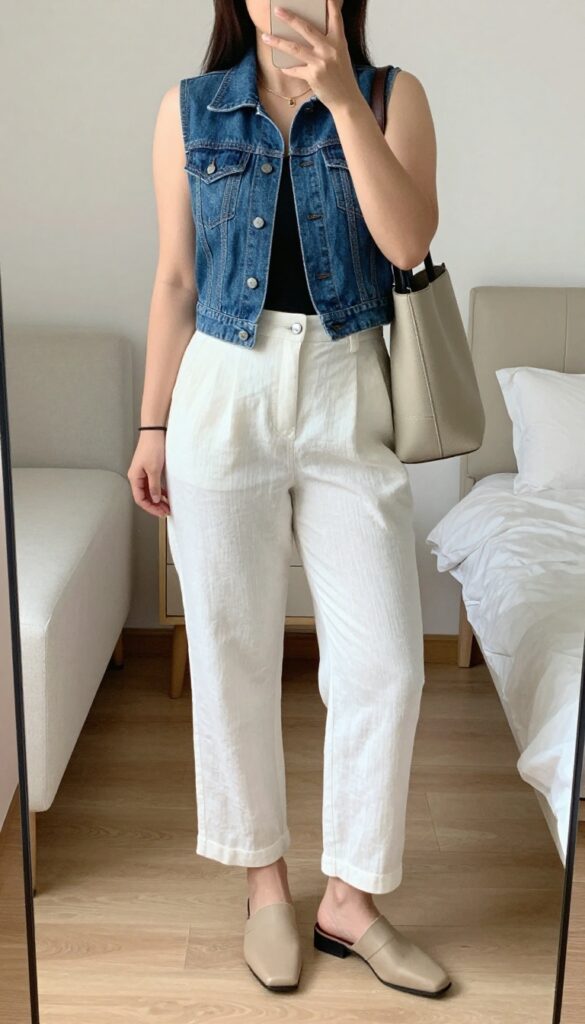 A woman in a denim vest and white trousers posing in a mirror selfie, partially covering her face with her phone.