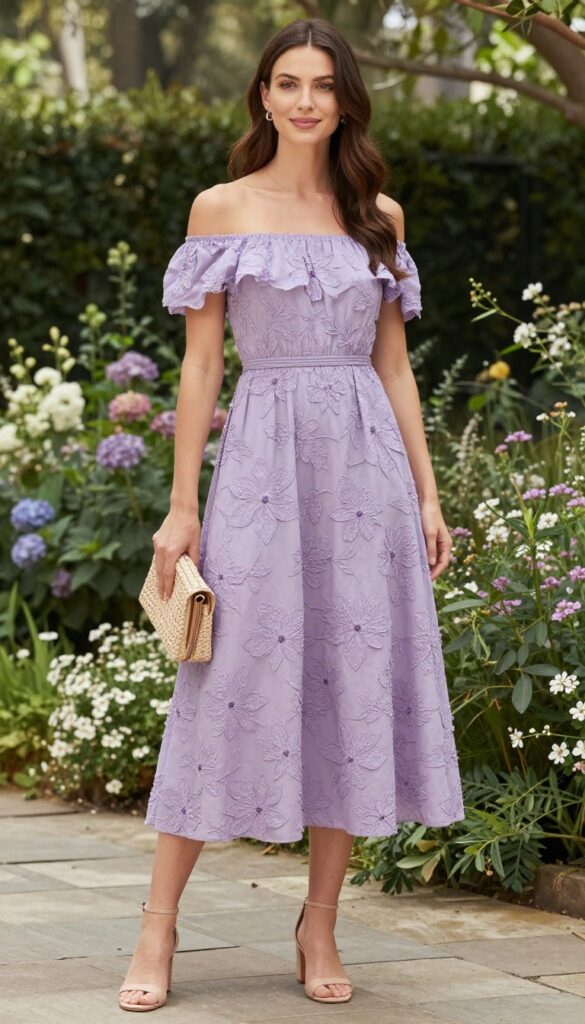 Woman in off-shoulder floral embroidered lavender A-line dress with nude heels and woven clutch in garden