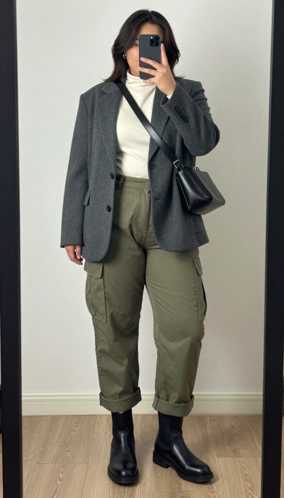 A woman wearing a charcoal blazer over a cream turtleneck, olive cargo pants, and black Chelsea boots, taking a mirror selfie in a bedroom.