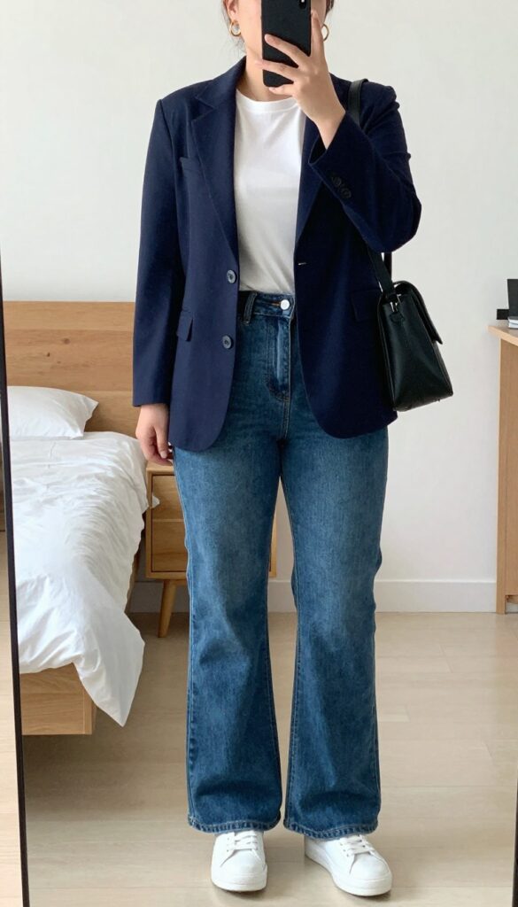 A petite woman in a navy blazer, white tee, and cropped flare jeans with platform sneakers, posing in a coffee shop.