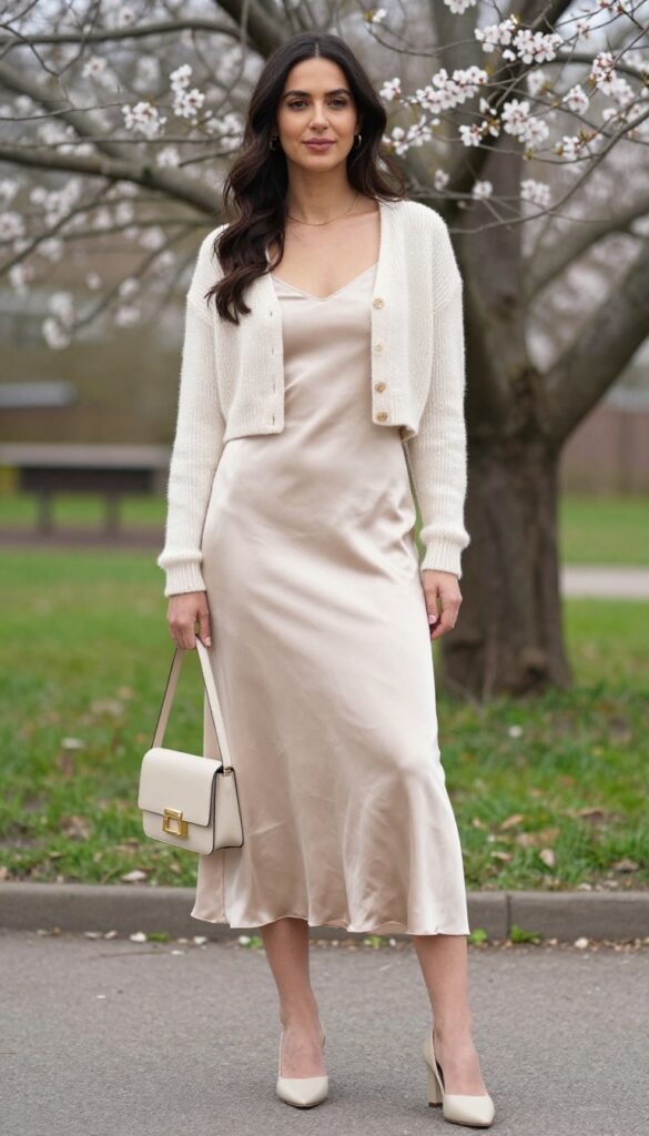 Woman in champagne slip dress and cream cropped cardigan standing in garden