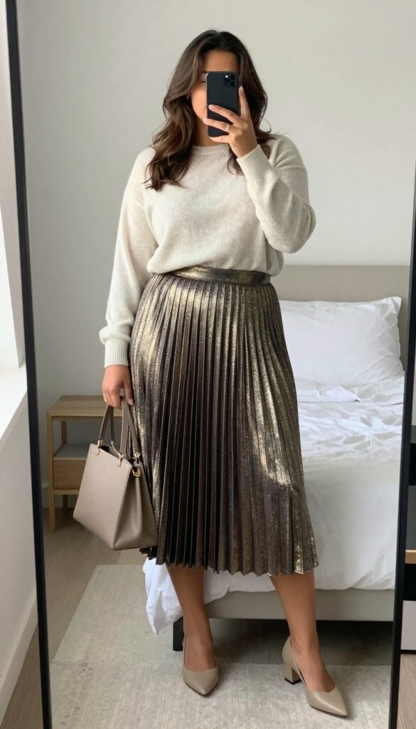 Woman in pleated midi skirt and lightweight sweater, standing in an office or evening setting.