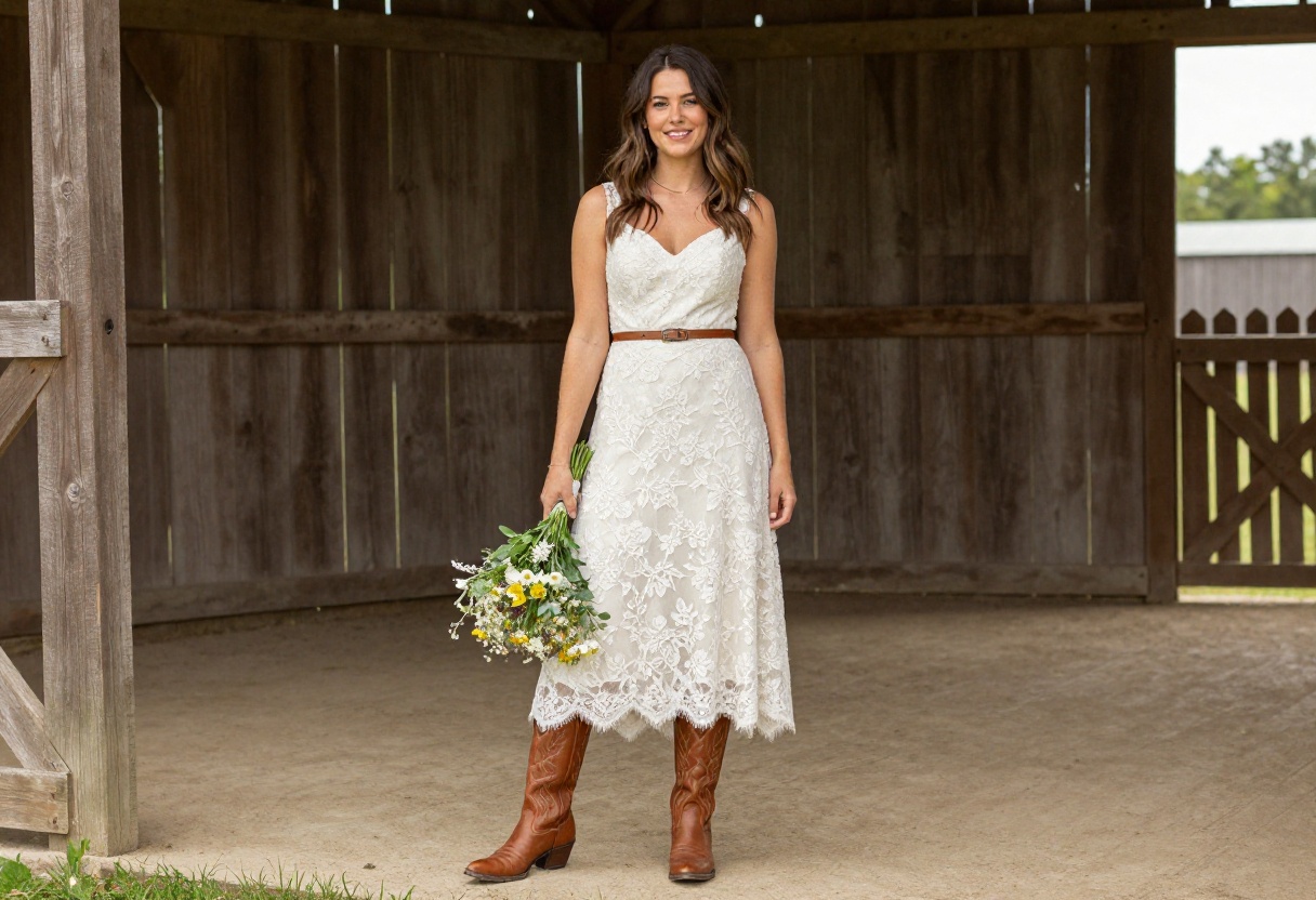 Woman in lace wedding dress with cowboy boots at rustic barn wedding
