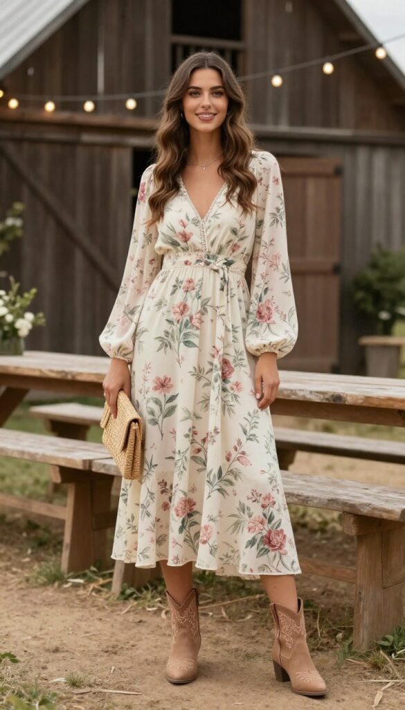 A woman in a floral boho maxi dress with bell sleeves and embroidered ankle boots at a rustic barn wedding.