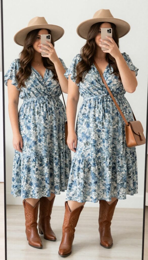 Plus-size woman in a floral flowy maxi dress and cowboy boots taking a mirror selfie, embodying feminine country style.