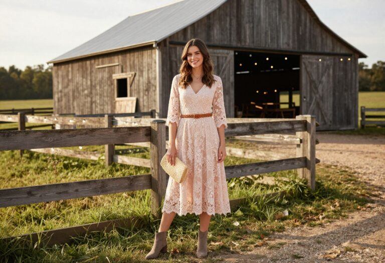 Woman in blush lace midi dress and taupe suede ankle boots at a barn wedding