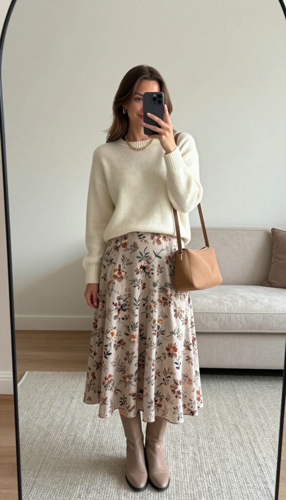 Woman in fitted cream sweater and floral flowy midi skirt, taking a mirror selfie in a bright room.