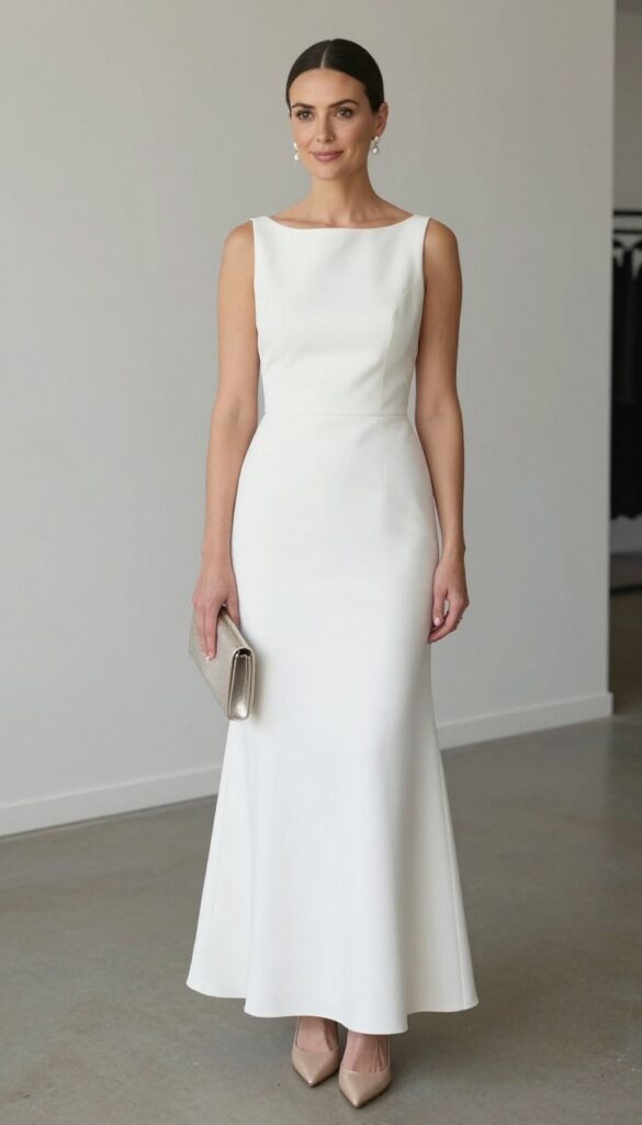 Woman in white square neck wedding dress with pearl drop earrings and bare shoulders, hair in low bun, standing in bright indoor ceremony space, soft natural light, Instagram-style outfit photo.