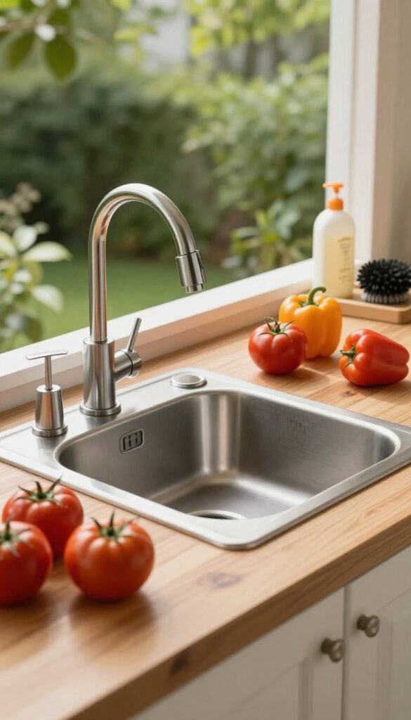 Outdoor sink station with stainless steel sink, wooden counter, garden hose, and vegetables in natural light