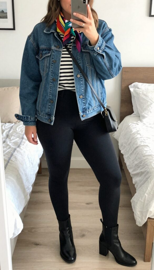 A woman in a denim jacket, striped top, and black leggings, posing casually for a weekend look.