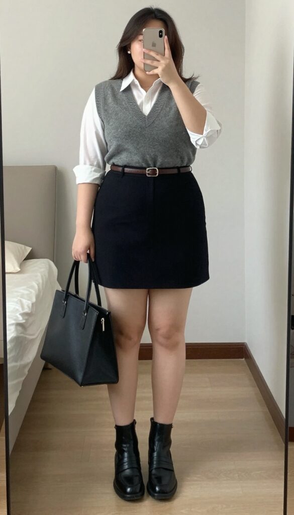 Woman in gray sweater vest, white button-down, and black A-line skirt, with brown belt and black loafers, standing in a creative office.