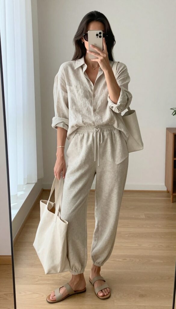 A woman in a linen button-down shirt and tapered sweatpants taking a mirror selfie, showcasing a casual yet stylish summer outfit.