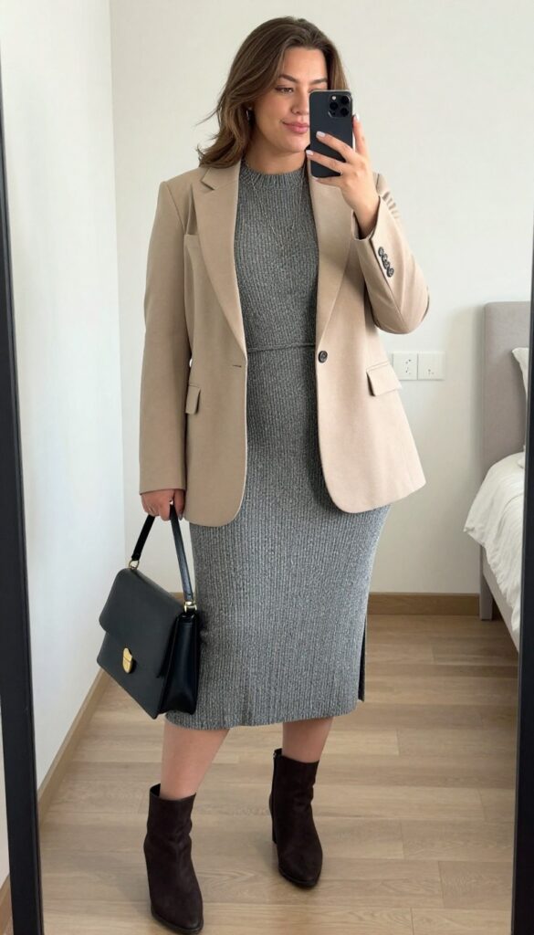 A woman wearing a ribbed knit midi dress with a belted blazer, ankle boots, and a crossbody bag, standing in a professional setting.