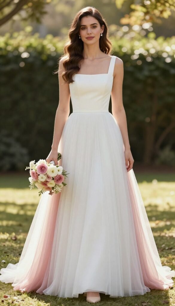 Bride in square neckline white tulle wedding dress with dusty rose tulle overskirt, standing in sunlit garden with bouquet, natural makeup and pearl earrings.