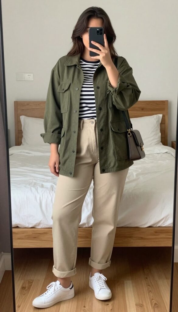 Plus-size woman in olive utility jacket, Breton stripe top, and beige chinos, standing in a mirror selfie pose