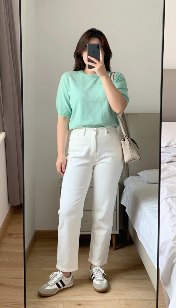Plus size woman in mint green sweater, white jeans, and metallic sneakers, taking a mirror selfie in a bedroom, phone partially covering face.