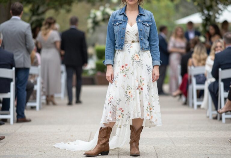 Woman in floral wedding dress with cropped denim jacket and western boots at outdoor reception