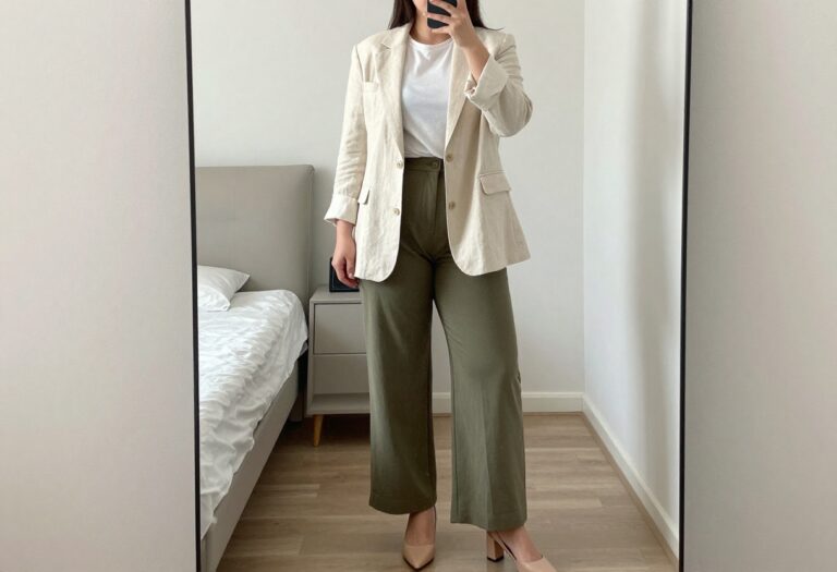 Woman in cream linen blazer and olive wide-leg trousers taking a mirror selfie in bedroom