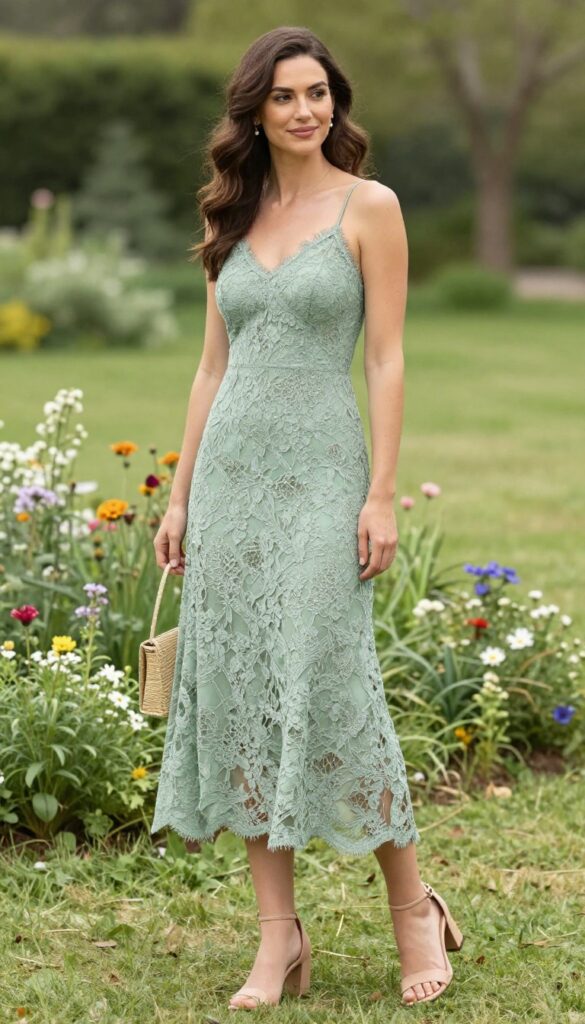 Young woman in sage green lace slip dress and nude block heels standing in a sunlit garden, holding a woven bag, looking slightly to the side.