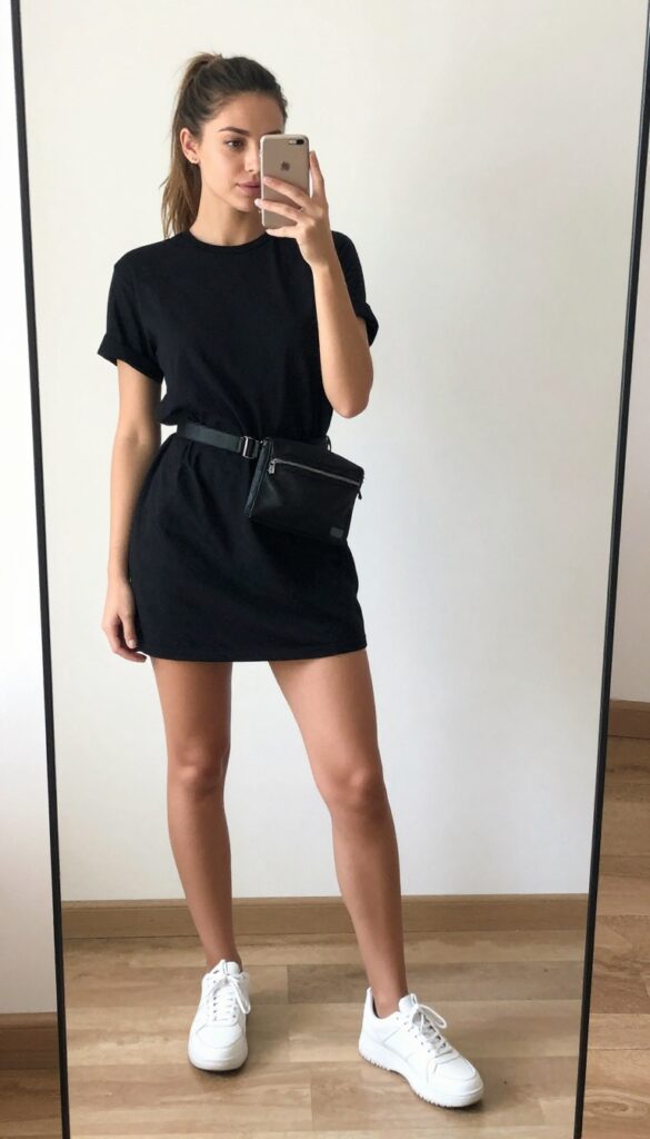 Woman in black t-shirt dress and chunky sneakers taking a mirror selfie, wearing a belt bag and ponytail.