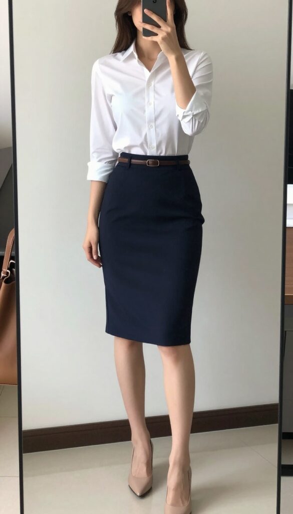 A woman in a navy A-line skirt and fitted white button-up shirt tucks in her top and adds a slim belt, taking a mirror selfie in a bright room.