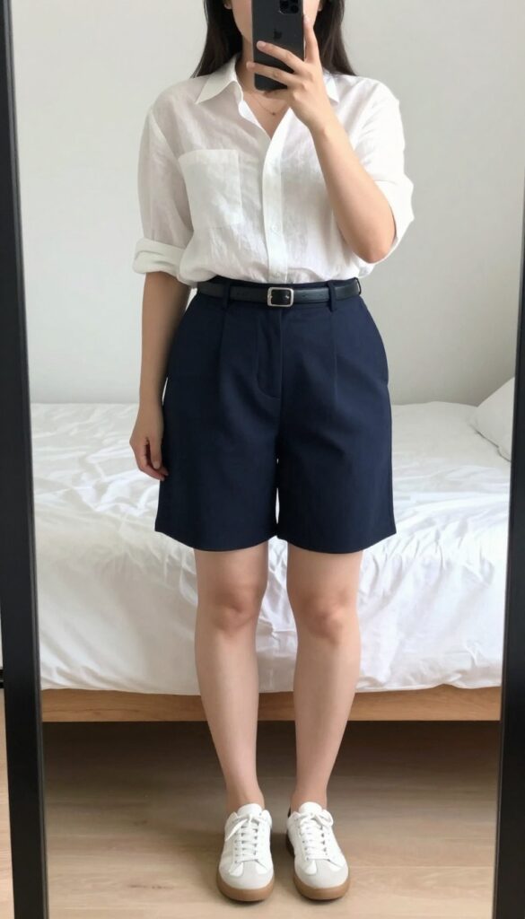 Woman in navy tailored shorts and white linen button-down shirt with minimalist white sneakers, standing in a bright office setting.