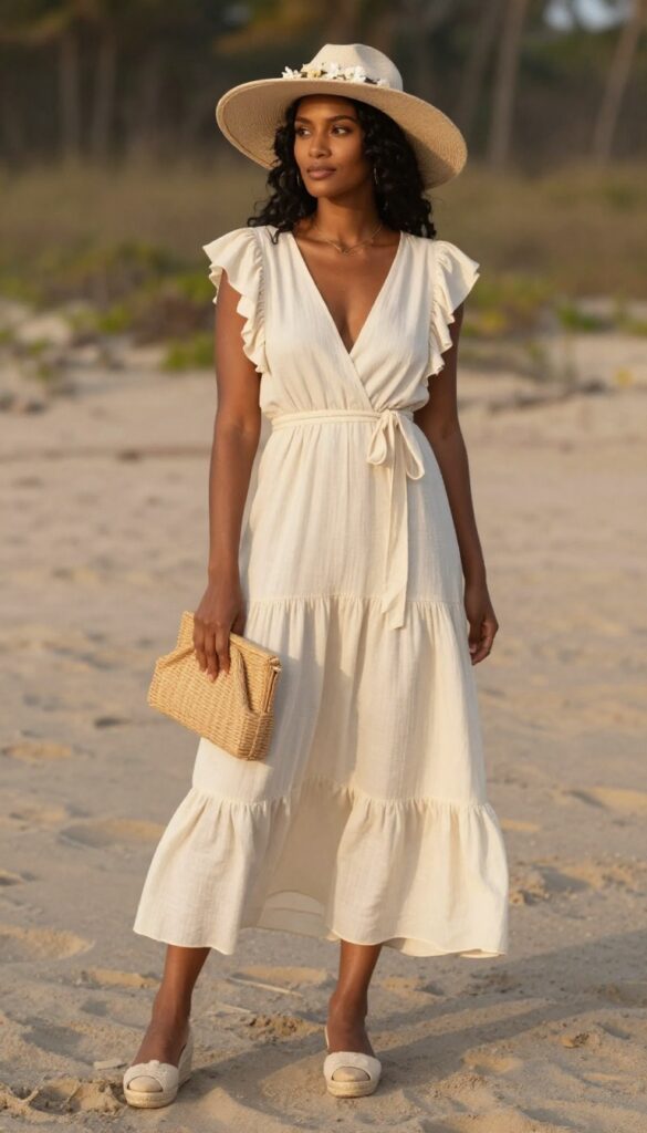 Dark-skinned woman in cream wrap dress with deep V-neck and tiered ruffles on beach at sunset, boho wedding outfit.