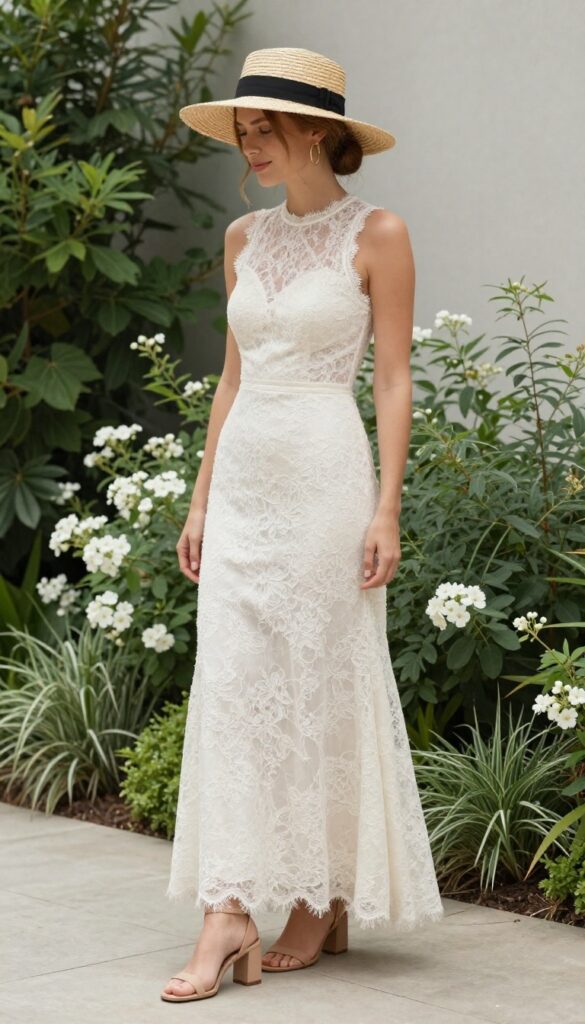 A young adult woman with fair skin and light brown hair in a loose low bun, wearing an ivory high-neck lace long-sleeved wedding dress with a fitted bodice and flowing skirt, standing in a sunlit garden with greenery and white flowers, wearing a wide-brim straw hat with a black ribbon band, simple gold hoop earrings, and nude block-heel sandals.