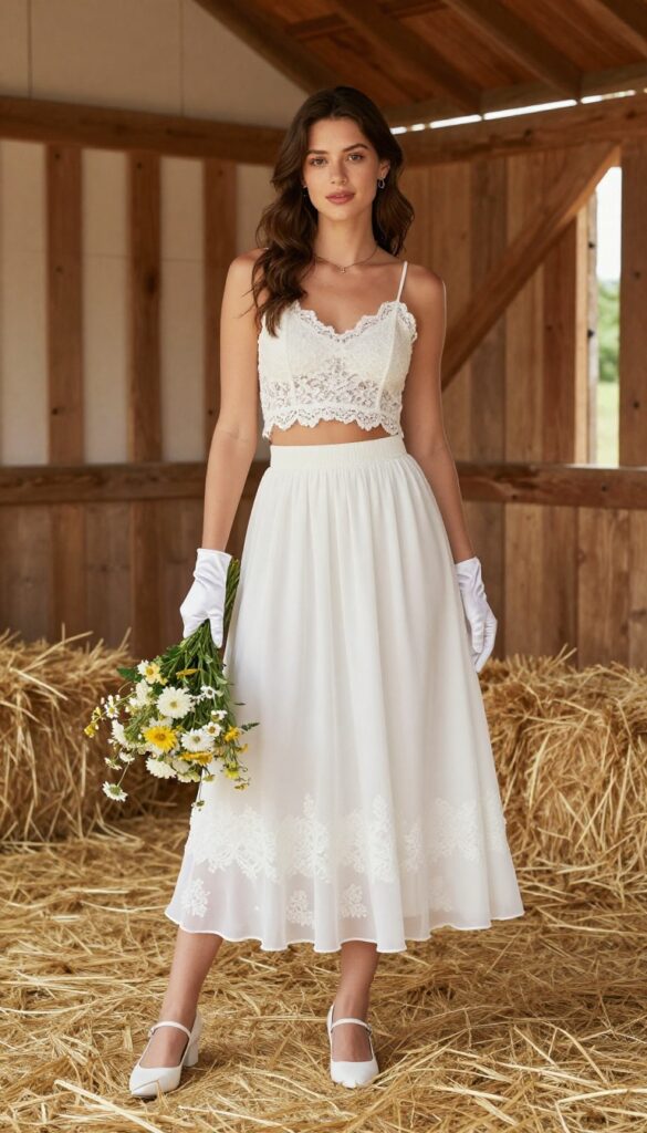 Woman in white lace crop top and high-waisted chiffon skirt with short white satin gloves in a sunlit barn