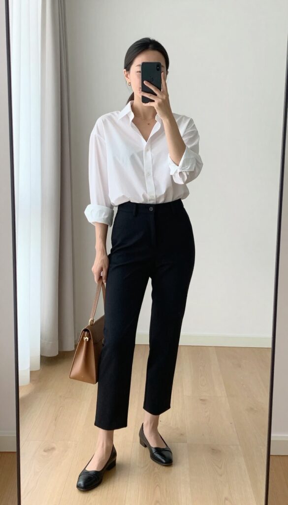 A woman in a white button-down shirt and slim black pants, taking a mirror selfie. She holds her phone, partially covering her face. The outfit is chic and minimalist, with loafers and a tan tote bag.