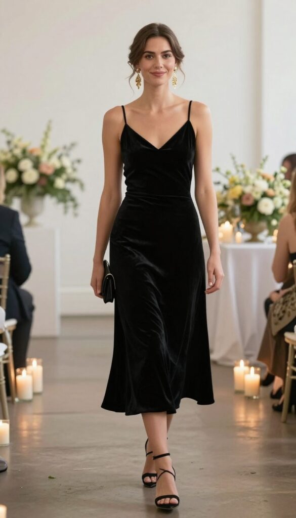 Woman in black velvet slip dress with gold chandelier earrings at evening wedding reception