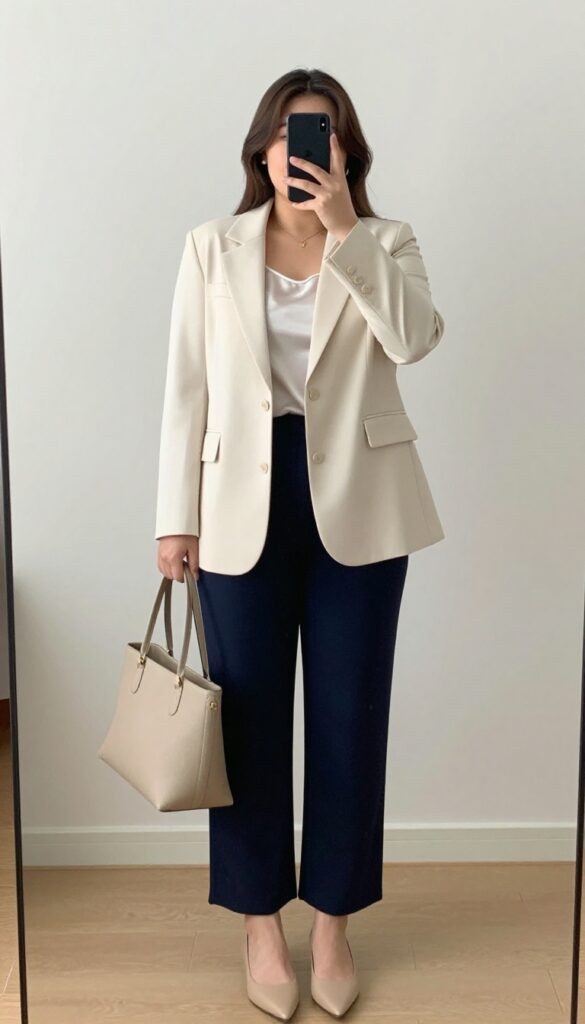 A petite woman in a cream blazer and navy wide-leg cropped pants, standing in a mirror selfie pose, holding a phone partially covering her face, with a structured tote and nude flats, in a bedroom setting.